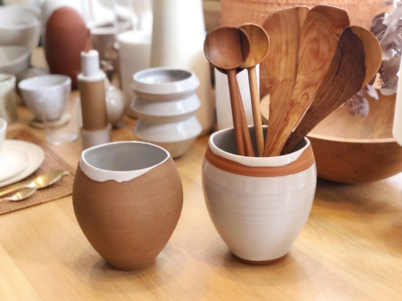 Utensil Holder Organic Rim Terracotta Clay Two Tone Wabi Sabi Aesthetic