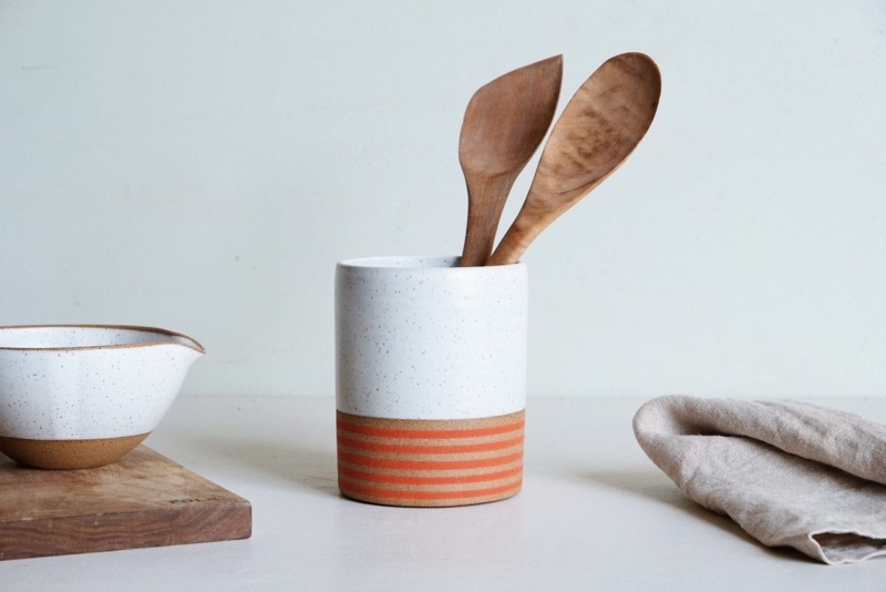 Utensil Holder Terracotta Stripes Speckled White Modern Rustic