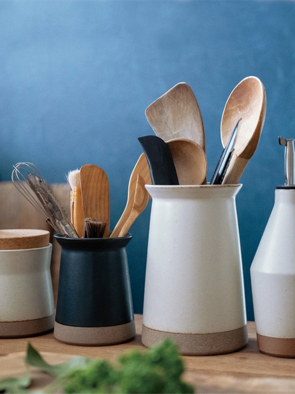 Utensil Holder Unglazed Clay Base Tapered Form Japandi Minimalist