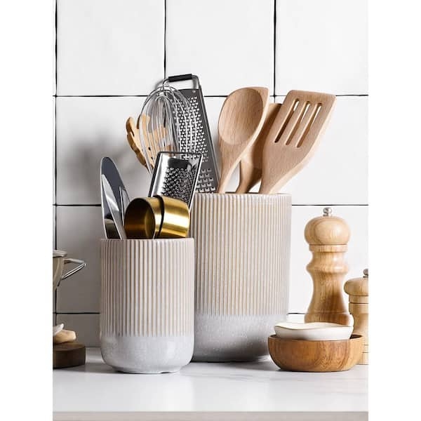 Utensil Holder Vertical Ribbing Two Tone Glaze Gray Ceramic Set