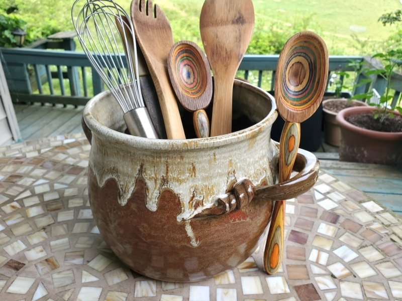 Utensil Holder Wide Mouth Cream Drip Glaze Hand Thrown Stoneware