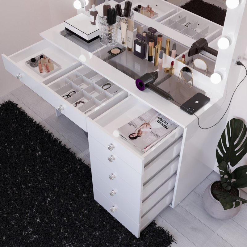 Vanity Desk Hollywood Lights Glass Top Tiered Storage Glam