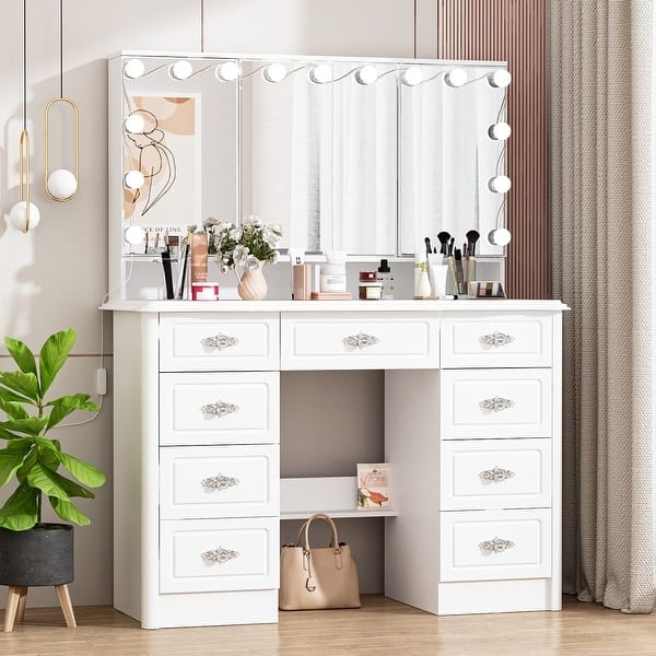 Vanity Desk Hollywood Style 9 Drawers Ornate Handles White