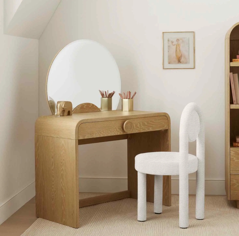 Vanity Desk Light Oak Waterfall Edge Bouclés Chair Organic Modern