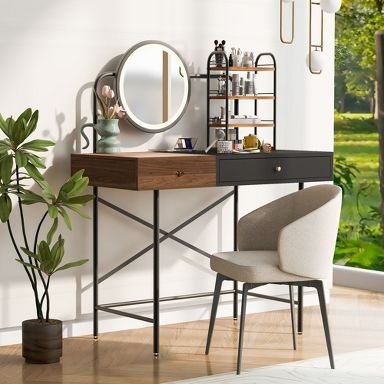 Vanity Desk Set Black and Walnut Two-Tone Drawers Industrial