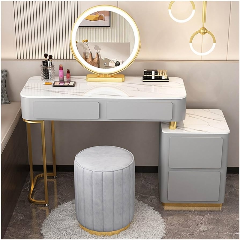 Vanity Desk Set Light Gray Tiered Storage LED Mirror Gold