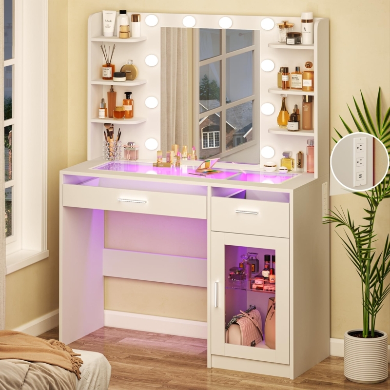 Vanity Desk White RGB Lighting Transparent Top Power Outlet