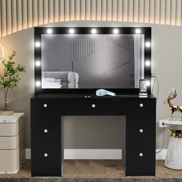 Vanity Desk with Hollywood Mirror, 7 Drawers & Integrated Power