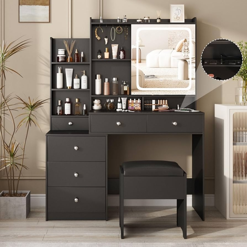 Vanity Desk with Tiered Storage, LED Mirror & Power Strip