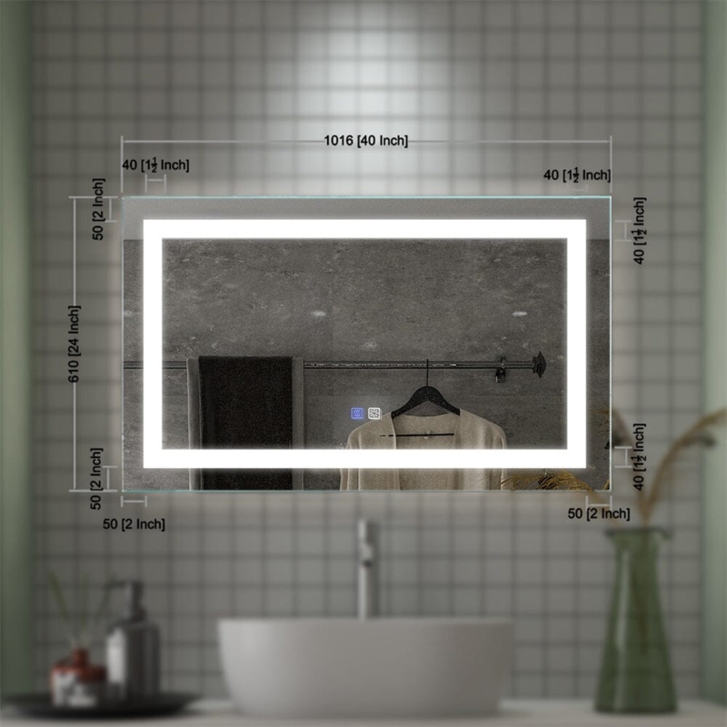 Vanity Mirror with Integrated LED Rectangle, Frameless Anti-Fog Design