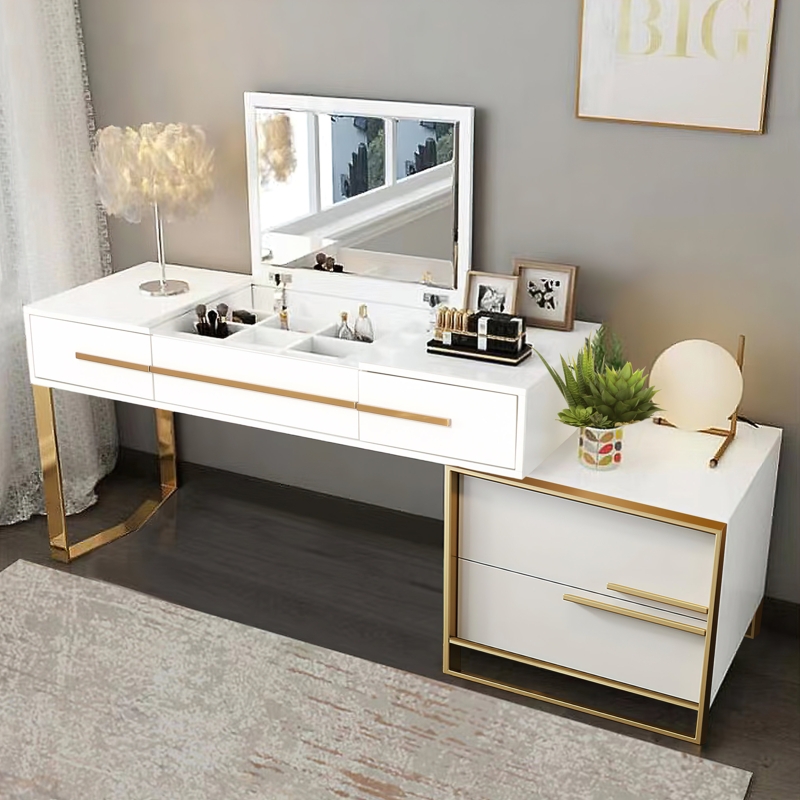 Vanity Set Flip-Top Mirror Side Cabinet Gold Metal Frame