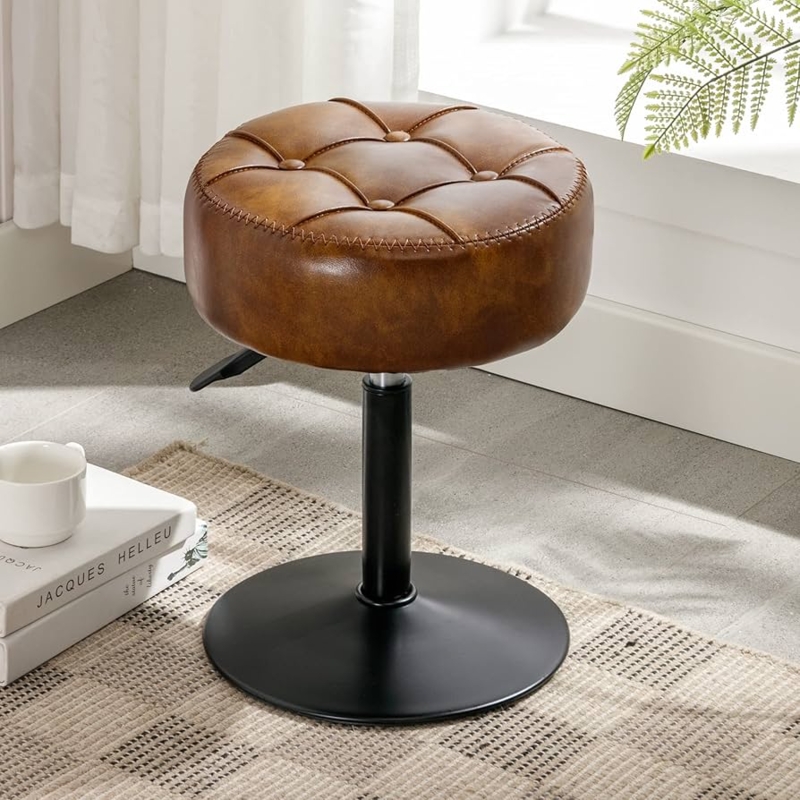 Vanity Stool Adjustable Pedestal Base Brown Faux Leather Tufted Seat
