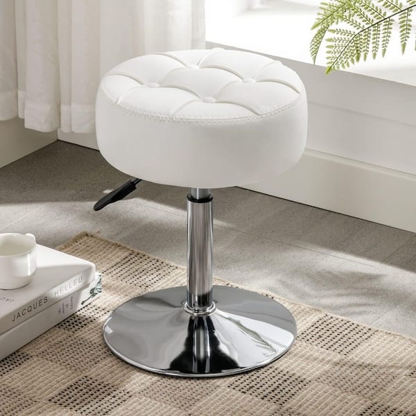 Vanity Stool Adjustable Polished Chrome Disc Base Button Tufting