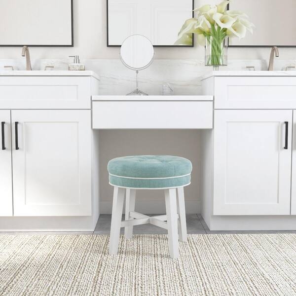 Vanity Stool Aqua Blue Fabric Button Tufted Piping Detail Base