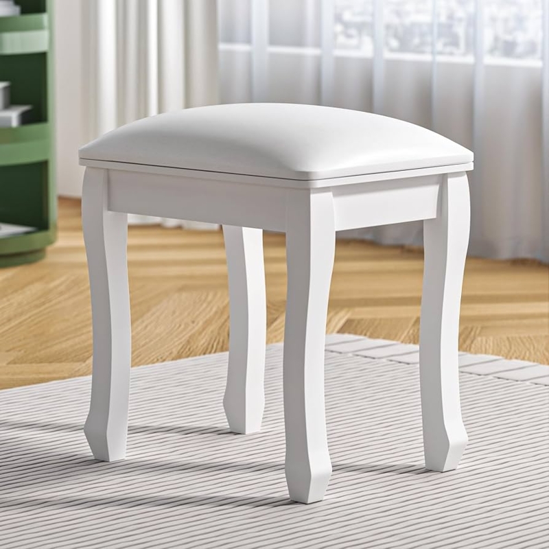 Vanity Stool Curved Legs All White Monochrome Finish Square Padded Top