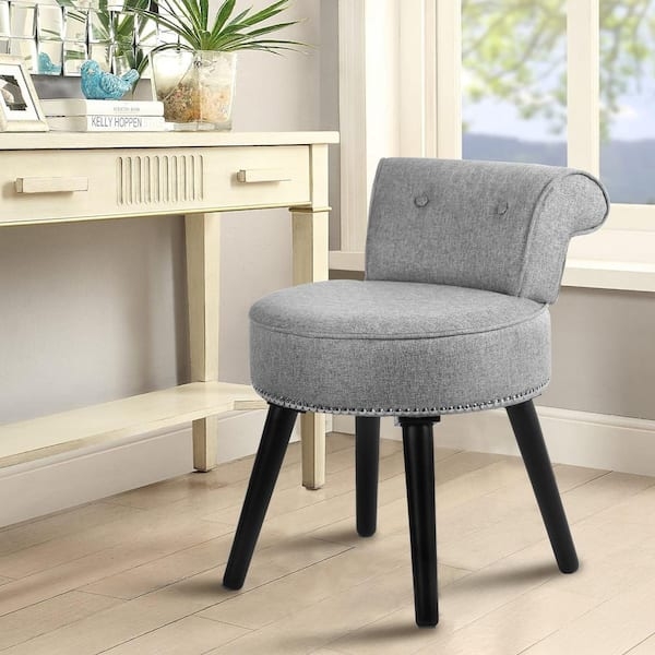 Vanity Stool Heathered Gray Fabric Nailhead Trim Curved Back Black Legs