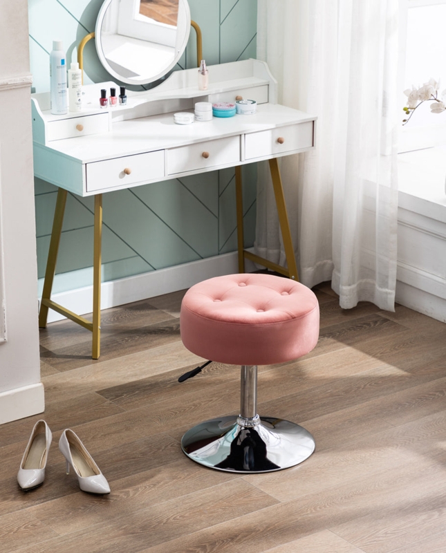 Vanity Stool Height Adjustable Chrome Pedestal Base Tufted Pink Velvet