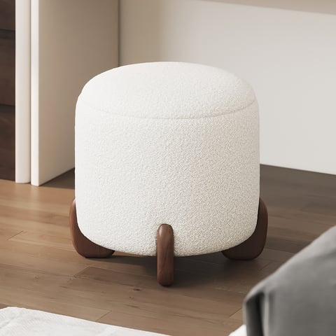 Vanity Stool Integrated Chunky Walnut Legs Boucle Texture Ottoman