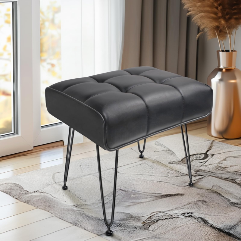 Vanity Stool Matte Black Hairpin Legs Grid Tufted Cushion Mid Century