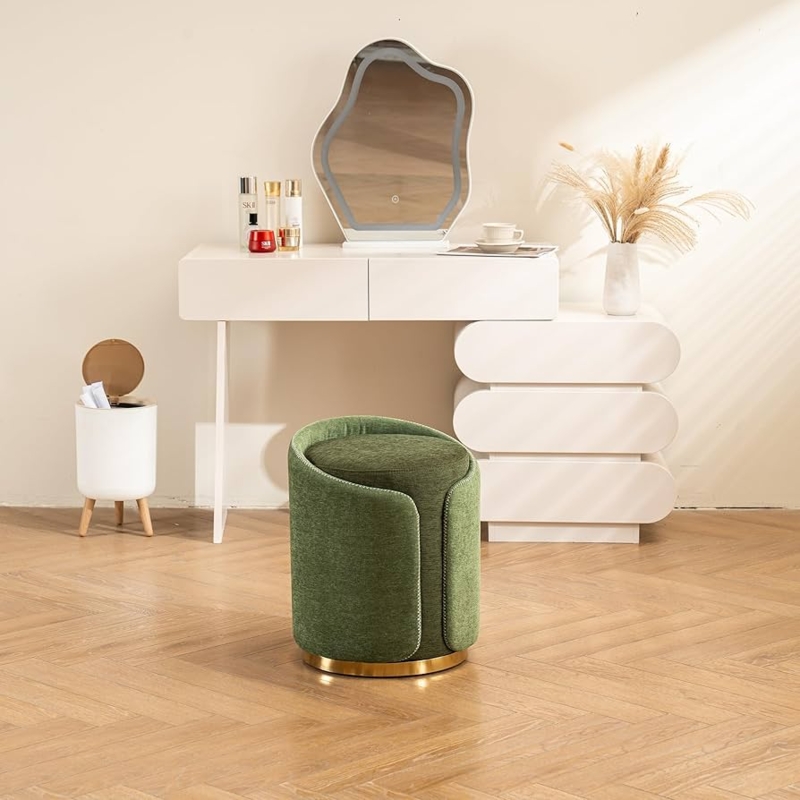 Vanity Stool Moss Green Fabric with Wrap Around Back and Gold Base