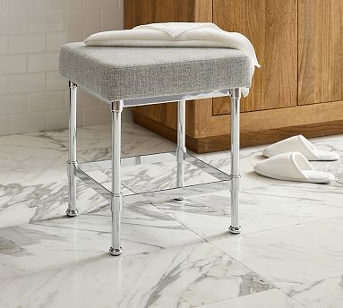 Vanity Stool Polished Metal Frame Decorative Leg Collars Gray Upholstery