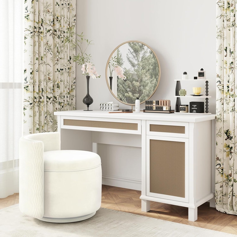 Vanity Stool Ribbed Upholstery Swivel Function Barrel Shape