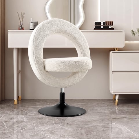 Vanity Stool Sculptural Circular Back Textured Upholstery Black Base