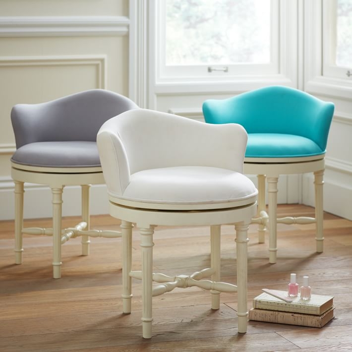 Vanity Stool Swivel Base Fluted Details Curved Back Turquoise Blue Frame