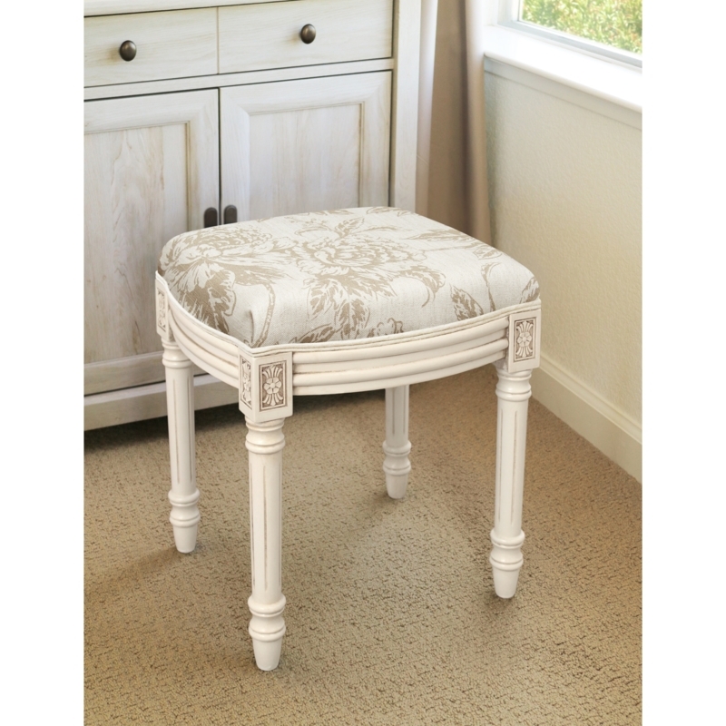 Vanity Stool Taupe Peony Pattern Fluted Legs Antique White Finish