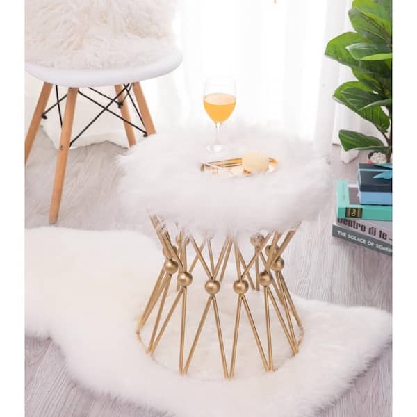 Vanity Stool White Faux Fur Top Geometric Gold Base Spherical Accents