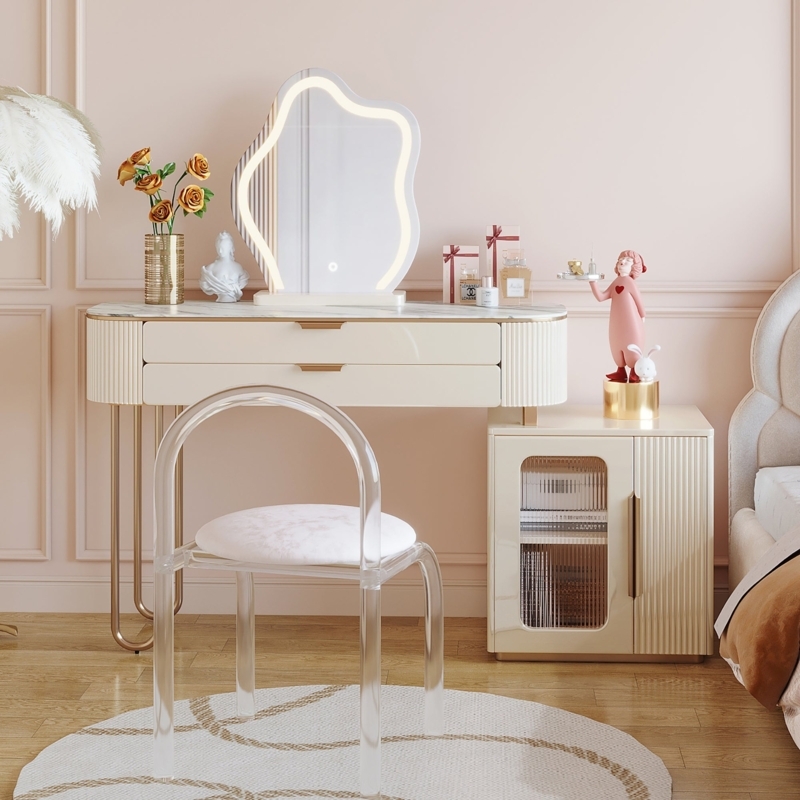Vanity Table Acrylic Ghost Chair Irregular LED Mirror Ribbed