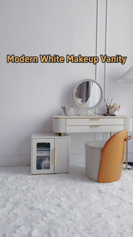 Vanity Table White Fluted Panels LED Mirror Tan Orange Chair