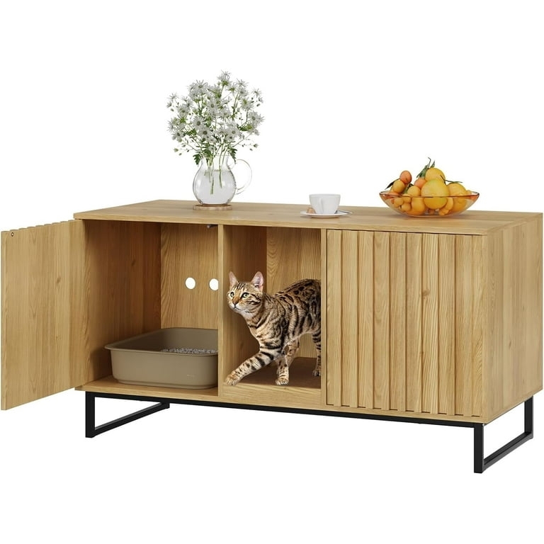 Veanerwood Wooden Enclosed Double Room Cat Litter Box Furniture, Storage  Bench with Scratch Pad -