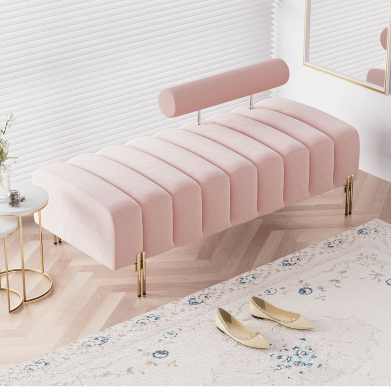 Velvet Bench with Adjustable Bolster Back and Golden Legs