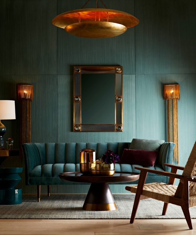 Velvet Sofa Jewel Teal Channel Tufted Gold Fringe Lighting Deco