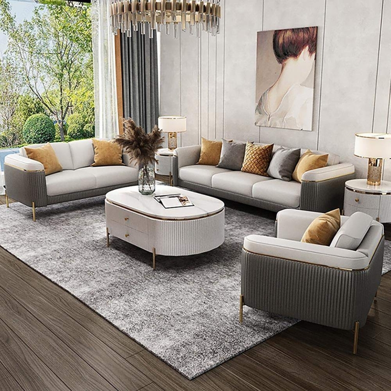 Vertical Ribbing Living Room Set Tuxedo Arm Gold Trim Contemporary