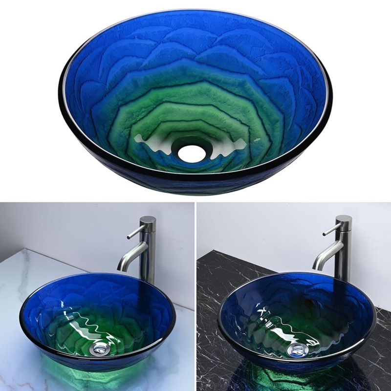 Vessel Sink Blue Emerald Green Gradient Glass Scalloped Round Basin