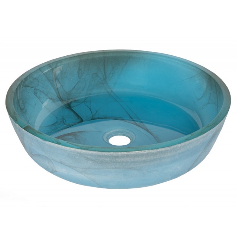 Vessel Sink Blue Mist Translucent Glass Smoky Swirls Flat Bottom Bowl