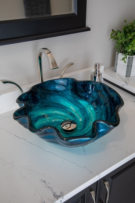 Vessel Sink Caribbean Wave Glass Blue Swirled Pattern Wavy Rim Basin