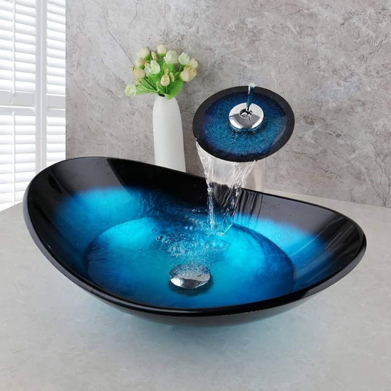 Vessel Sink Cobalt Blue Glass Boat Shape Basin Waterfall Faucet Set