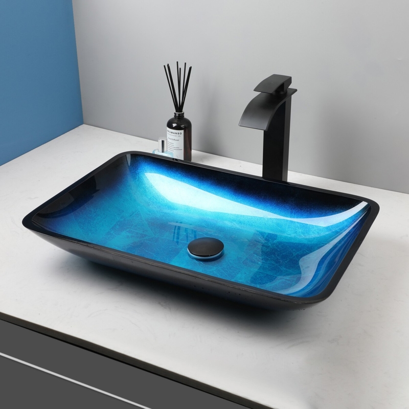 Vessel Sink Electric Blue Glass Rectangular Basin Waterfall Faucet Set