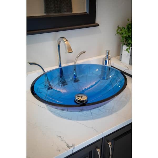 Vessel Sink Etched Cobalt Blue Crystalline Oval Glass Washbasin