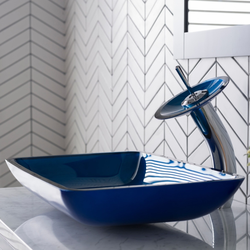 Vessel Sink Galaxy Blue Tempered Glass Rectangular Basin Waterfall Set