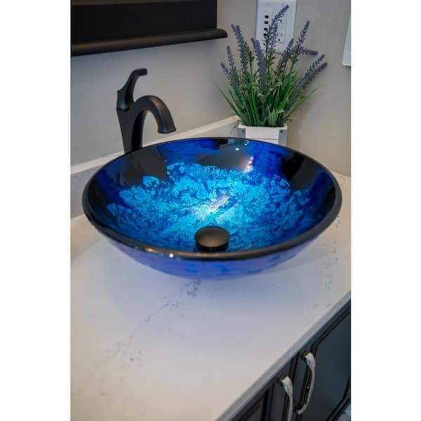 Vessel Sink Glossy Vibrant Blue Foil Glass Round Basin Black Hardware