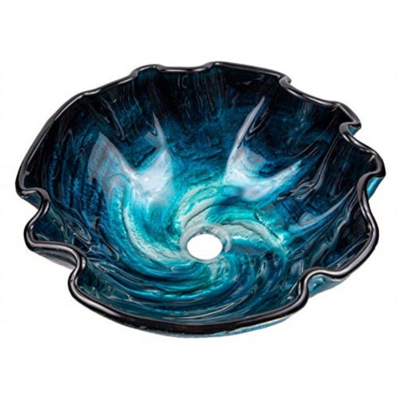 Vessel Sink Hand Painted Look Ocean Blue Glass Wavy Rim Swirled Basin
