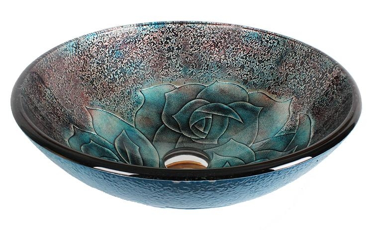 Vessel Sink Handmade Teal Blue Glass Rose Floral Motif Textured Basin