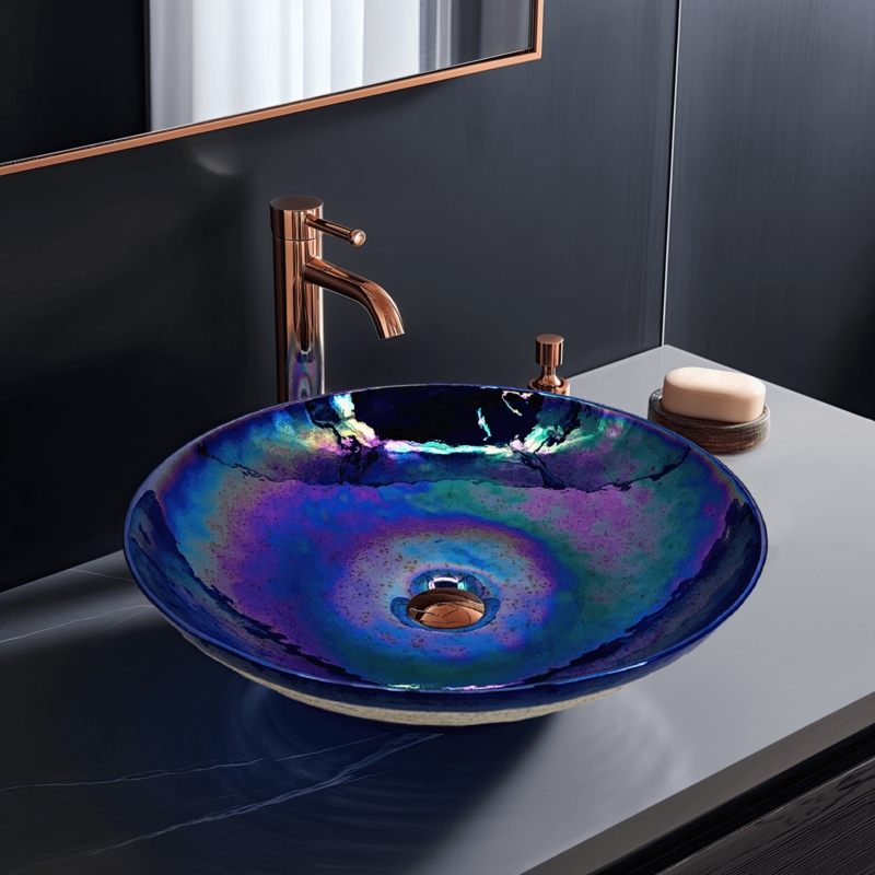 Vessel Sink Iridescent Celestial Blue Murano Glass Art Round Basin