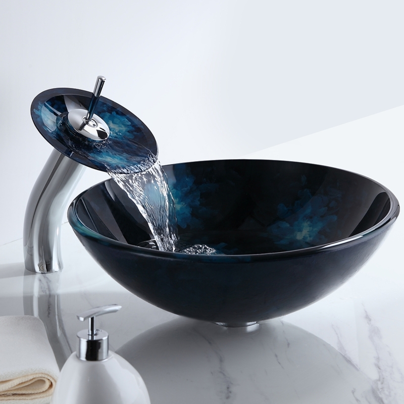 Vessel Sink Midnight Blue Mottled Glass Nebula Pattern Waterfall Set