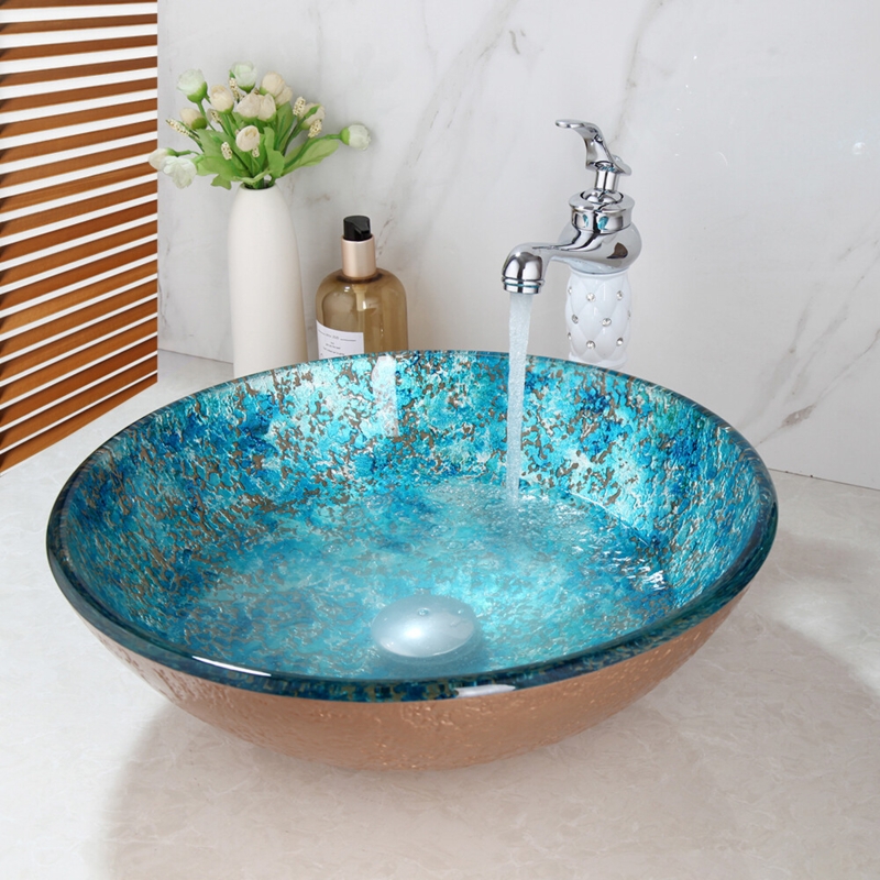 Vessel Sink Mottled Blue Glass Round Basin Copper Exterior Glam Set