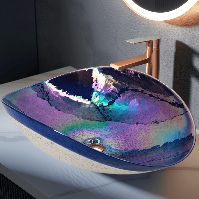 Vessel Sink Murano Art Glass Iridescent Celestial Blue Seashell Shape